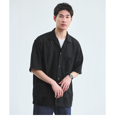 ウェーブ メッシュ パターン オープンカラー 半袖 シャツ