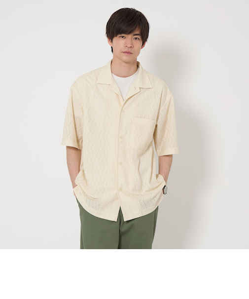 ウェーブ メッシュ パターン オープンカラー 半袖 シャツ