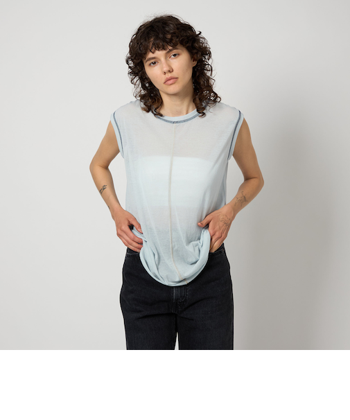 ＜6(ROKU)＞コットン ナイロン カラーロック ノースリーブ Tシャツ