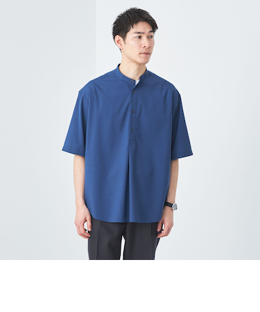 ウォッシャブルトロ バンドカラー 半袖 プルオーバー  -ストレッチ-