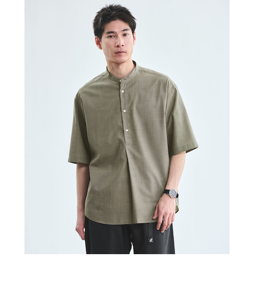 ウォッシャブルトロ バンドカラー 半袖 プルオーバー  -ストレッチ-