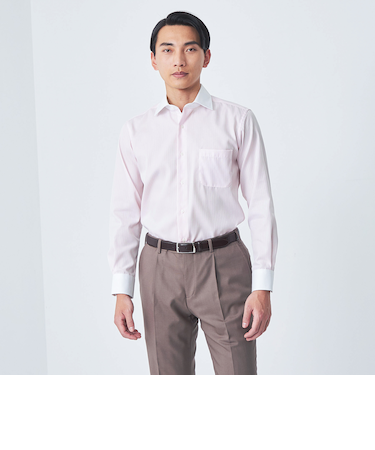 コットン シャドーストライプ クレリック ワイドカラー ドレスシャツ -イージーアイロン-