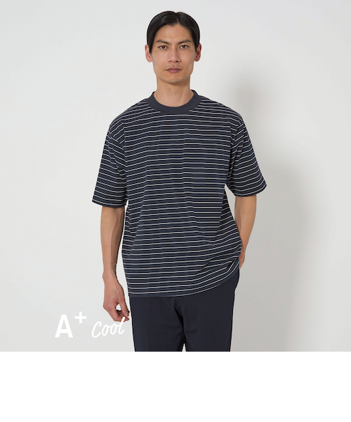 A+ COOL ボーダー ビズ クルーネック カットソー -接触冷感・吸水速乾-