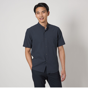 Pラッカン ソリッド スタンダード バンドカラー シャツ -ストレッチ・イージーアイロン・吸水速乾-