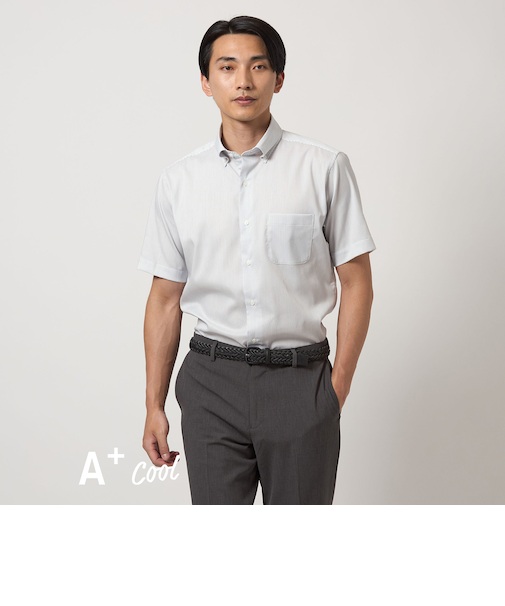 A+ COOL ピケ ストライプ スタンダード ボタンダウン シャツ -イージーアイロン・接触冷感-