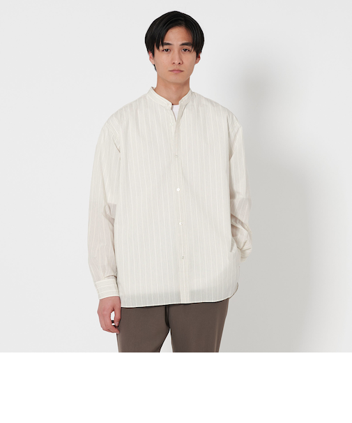 フェザー ポプリン ストライプ バンドカラー シャツ