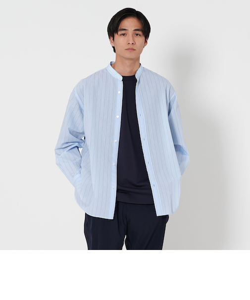 フェザー ポプリン ストライプ バンドカラー シャツ