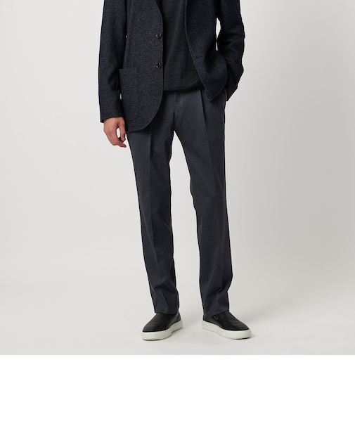 デニムプリント スリムテーパード サイドシャーリング 1プリーツ スラックス COMFORT EASY-MODEL ヨコストレッチ