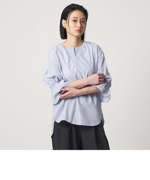 ステッチ キーネック キャンディスリーブブラウス 7分袖<A DAY IN THE LIFE>