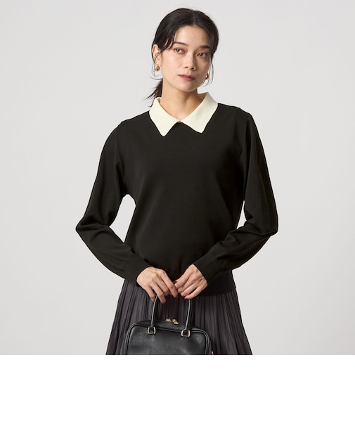 襟付き ロングスリーブ プルオーバー ニット ウォッシャブル