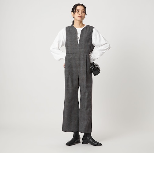［size SHORT/TALLあり］ツイードライク キーネック オールインワン