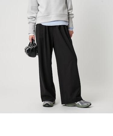 毛ポリエステルレーヨンブレンド ワイドタックパンツ