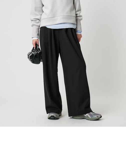 毛ポリエステルレーヨンブレンド ワイドタックパンツ