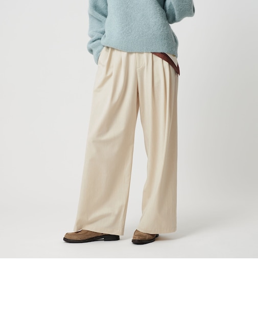 毛ポリエステルレーヨンブレンド ワイドタックパンツ