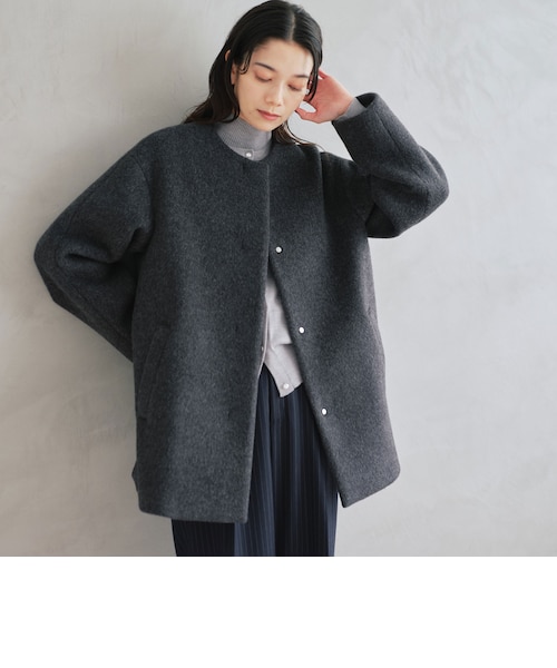 green label relaxingアンゴラビーバーノーカラーミドルコート size SHORTあり］アンゴラビーバー ノーカラー ミドル コート