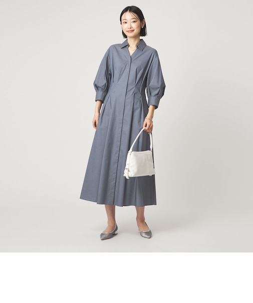 シャツ襟 フィット＆フレア タック 5分袖 ワンピース