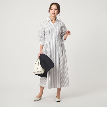 シャツ襟 フィット＆フレア タック 5分袖 ワンピース
