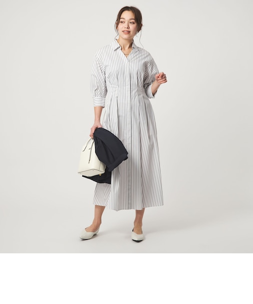 シャツ襟 フィット＆フレア タック 5分袖 ワンピース