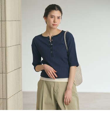ランダムリブ ヘンリーネック スナップ 5分袖Tシャツ