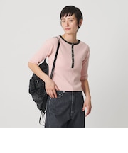 ランダムリブ ヘンリーネック スナップ 5分袖Tシャツ