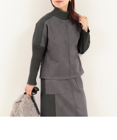 《セットアップ対応》スエード×リブドルマンスリーブプルオーバー