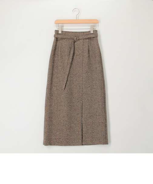 シルクネップヘリンボン柄ベルト付きスカート