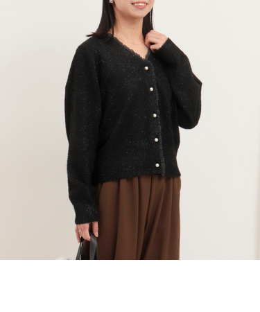 ラメモール前立てフリル付きカーディガン