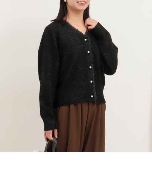 ラメモール前立てフリル付きカーディガン