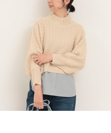 ケーブル柄ジャガード布帛ドッキングプルオーバー