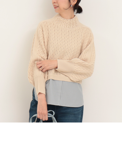 ケーブル柄ジャガード布帛ドッキングプルオーバー