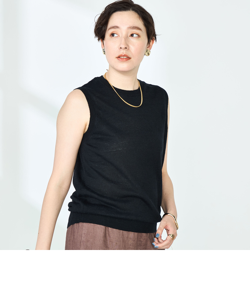 《アンサンブル対応》《手洗い可能》フレンチリネンノースリーブプルオーバーニット