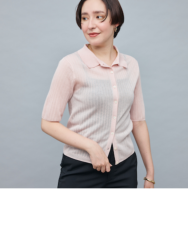 《手洗い可能》ワイドリブシアーポロ衿カーディガン