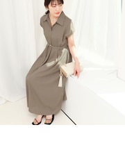 ウエストベルト開き襟ワンピース