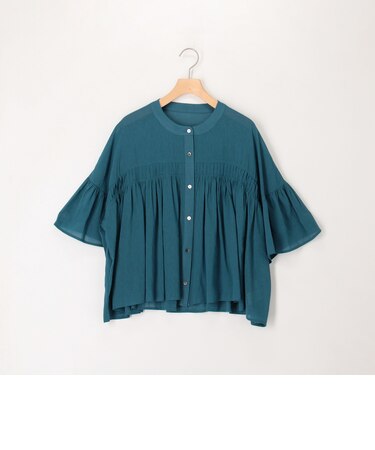 麻調シアーピンタックギャザーブラウス