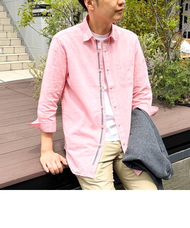 オリジナルリネンコットン　パラシュート釦　七分袖シャツ