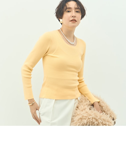 《アンサンブル対応》《手洗い可能》カシミヤ混リブUネックプルオーバー
