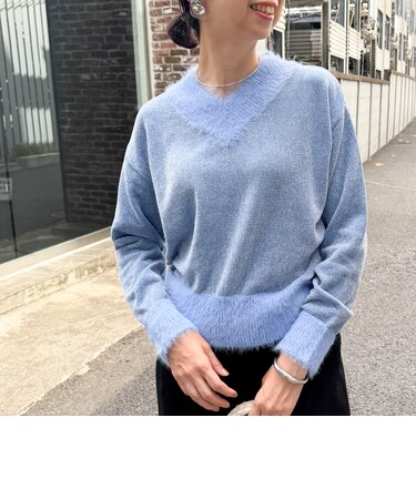 ラメモール×フェザー切替Vプルオーバーニット