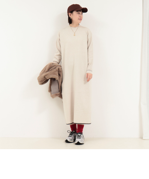 やわもち静電防止配色ラインニットワンピース｜フレディアンド