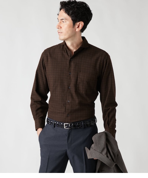 &エルシー花鳥プリント 長袖シャツ ビエラツイル 千鳥プリント 長袖カッタウェイカラーシャツ