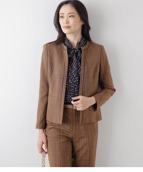 クラフトスラブツィードパイピングノーカラージャケット