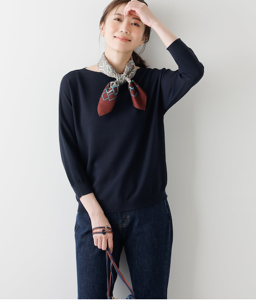 L】【手洗い可能】TCヘリンボーン 7分袖ニットプルオーバー