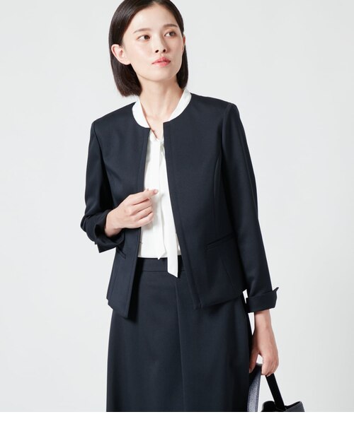 ストレッチウォッシャブル 1ボタン7分袖ジャケット＋セミワイドパンツ 黒 ウォッシャブルストレッチ 1ホックノーカラージャケット