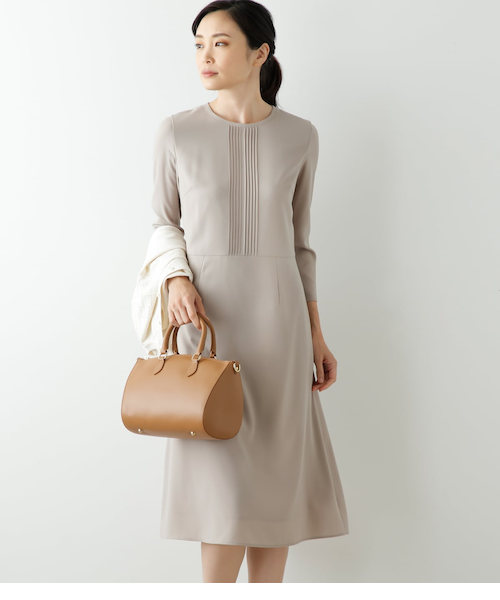 L】ポリエステルライトジョーゼット ピンタックフレアワンピース