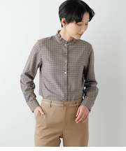 【L】レトロチェック フリルカラーシャツ