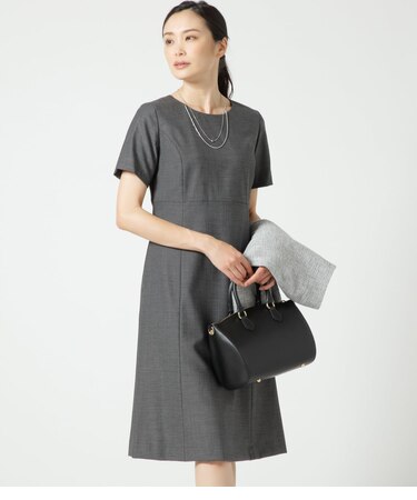 ウールシルクピンドット ウエスト切り替え半袖ワンピース