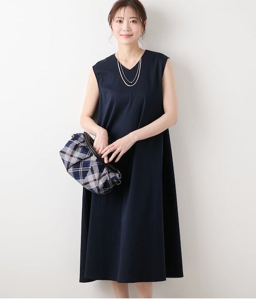 【L】【接触冷感】コットンスムース Vネックフレアワンピース