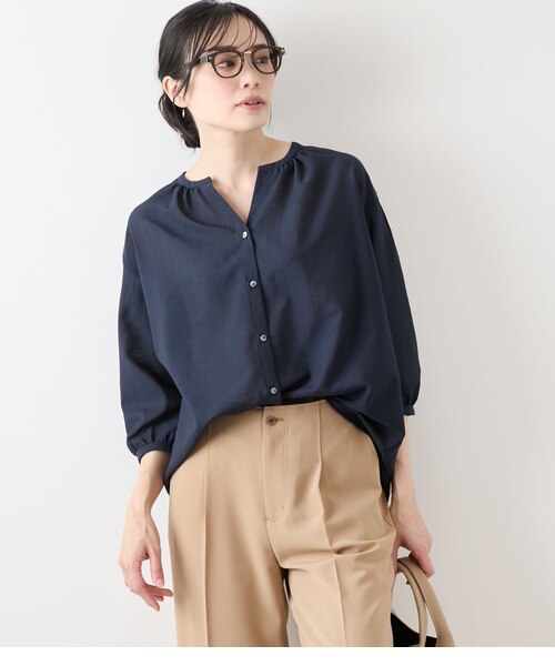 【BURBERRYBRIT】レースギャザーシフォン スキッパー七分袖ブラウス シアードライボイル スキッパーギャザー7分袖ブラウス｜ニューヨーカー