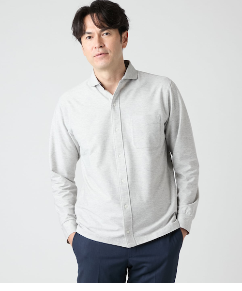 ツイル 前開き 長袖カッタウェイカラーポロシャツ