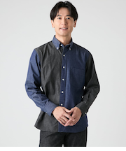 デニム風シャンブレーツイル 長袖ショートボタンダウンシャツ