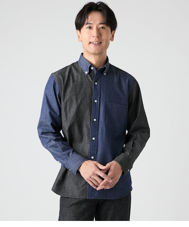 デニム風シャンブレーツイル 長袖ショートボタンダウンシャツ